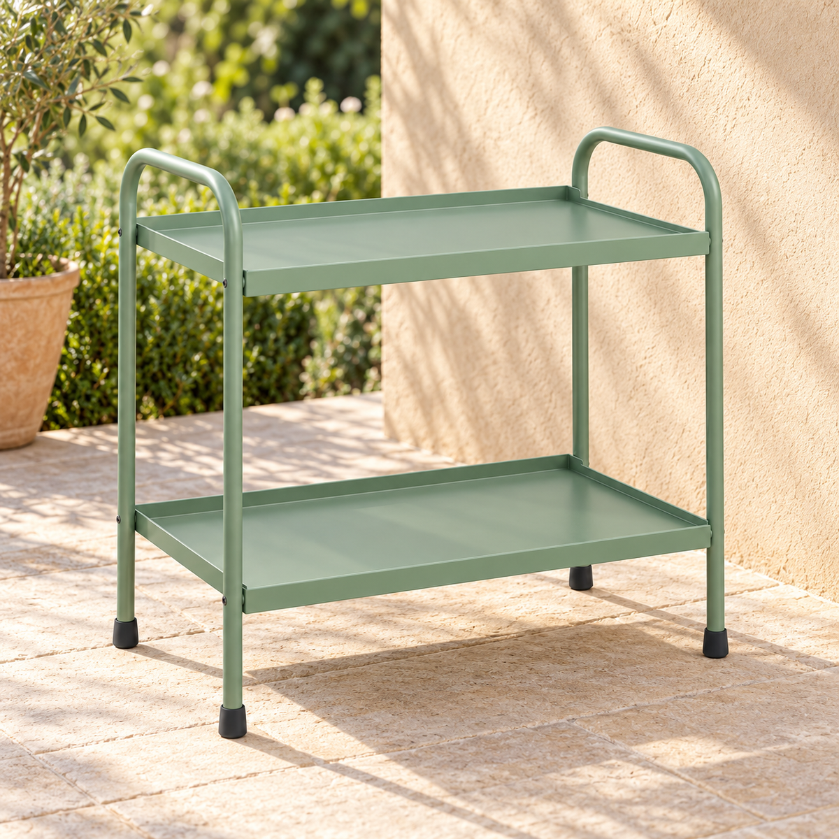 Pavilion Shelf Stand garden scene and product details