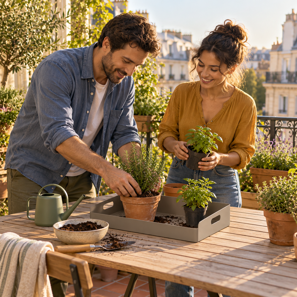 An outdoor family potting moment with the Pebble Potting Tray