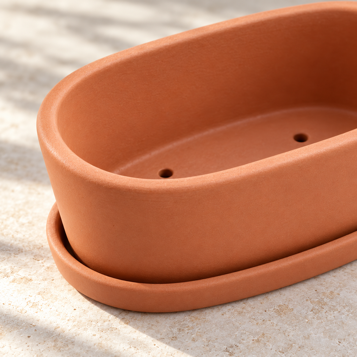 Clay Root Planter garden scene and product details