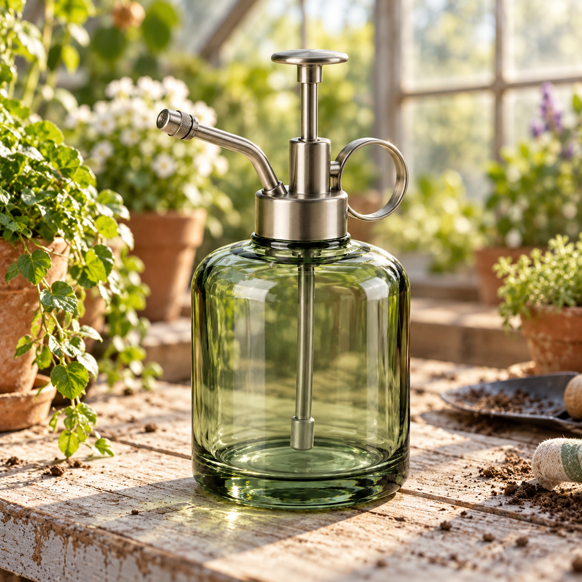 Mist Bud Spray Bottle garden scene and product details