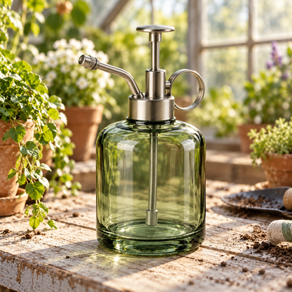Mist Bud Spray Bottle garden scene and product details