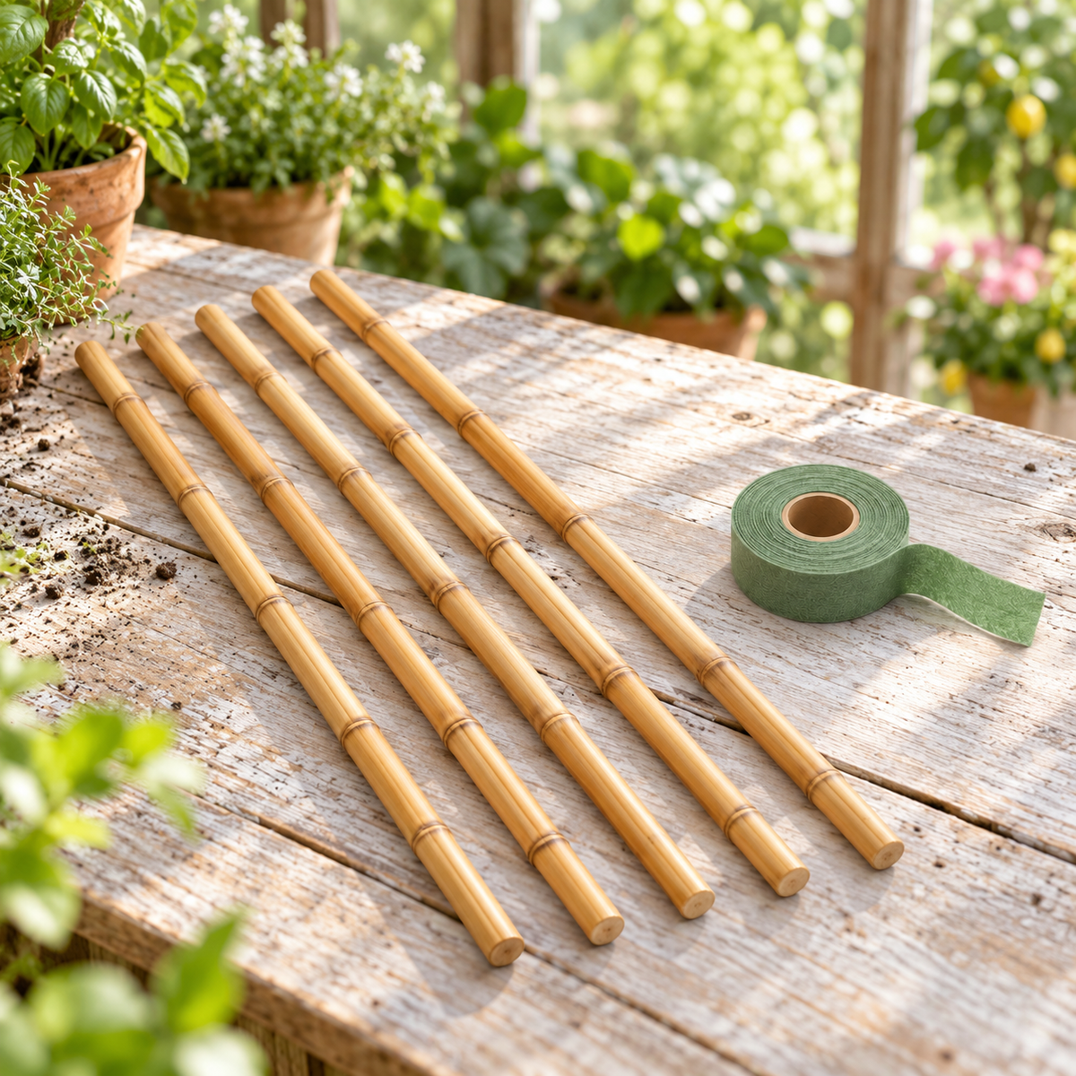 Reed Plant Support Set garden scene and product details
