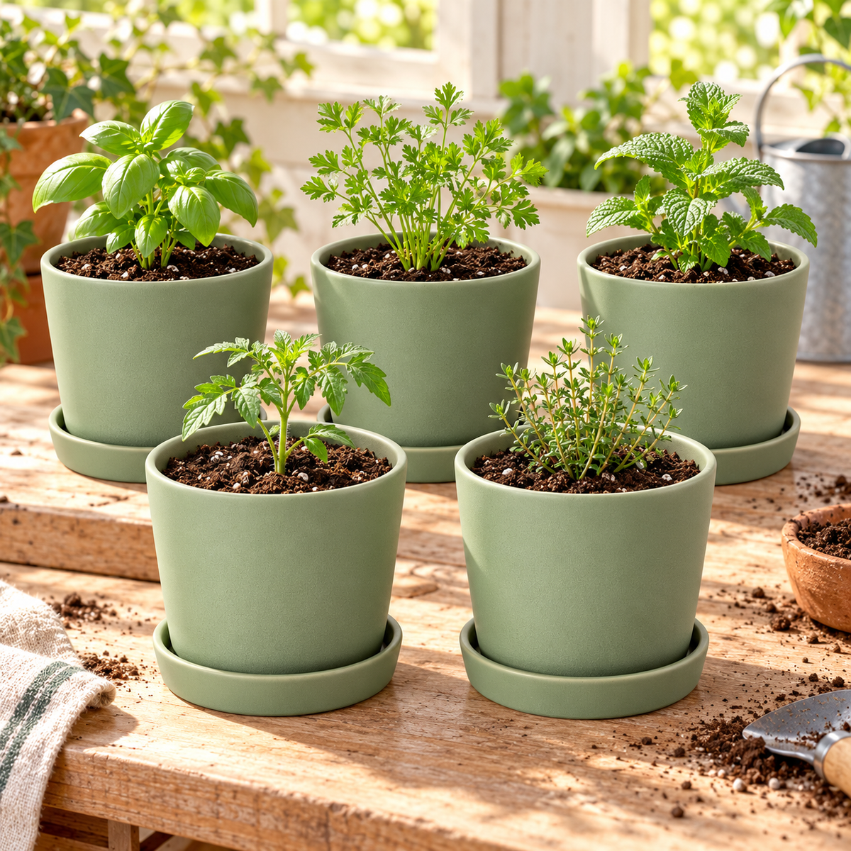 Sage Seedling Pots garden scene and product details