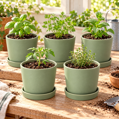 Sage Seedling Pots garden scene and product details